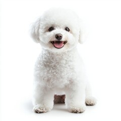charming Bichon Frise sits proudly, showcasing its soft, white fur and cheerful demeanor. Its bright eyes and playful expression add to the delightful vibe.