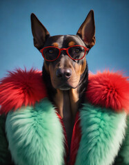 A stylish Doberman wearing trendy glasses and a colorful fur coat against a clear blue sky in a vibrant outdoor setting