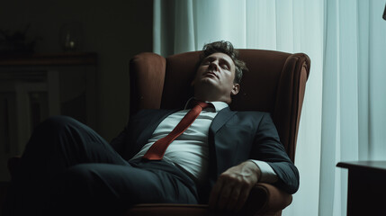Obraz premium An employer wearing a suit but looking disheveled, tie loosened, slouching in a chair