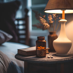 Medicine Bottle on Nightstand with Warm Lamp Light