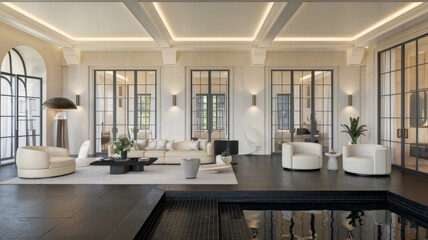 high end luxury and very elegant white mansion, look into the livingroom, cream, white, black