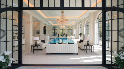 high end luxury and very elegant white mansion, look into the livingroom, cream, white, black
