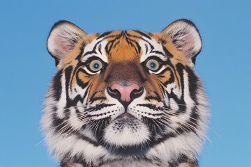 Fototapeta premium A close-up portrait of a tiger with wide, curious eyes. The tiger's fur is a striking mix of orange, black, and white, and the blue background accentuates its features.