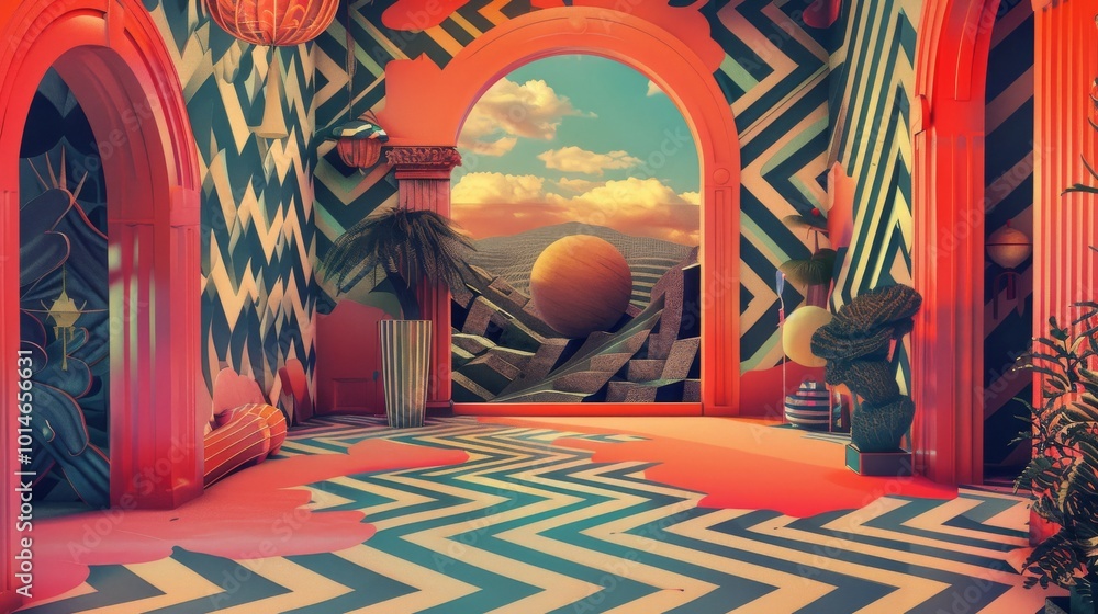 Poster surreal lofi scene with whimsical patterns.