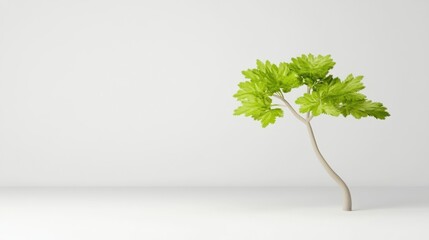 Fototapeta premium Minimalist tree, vibrant green leaves, delicate stem, white background, simple elegance.