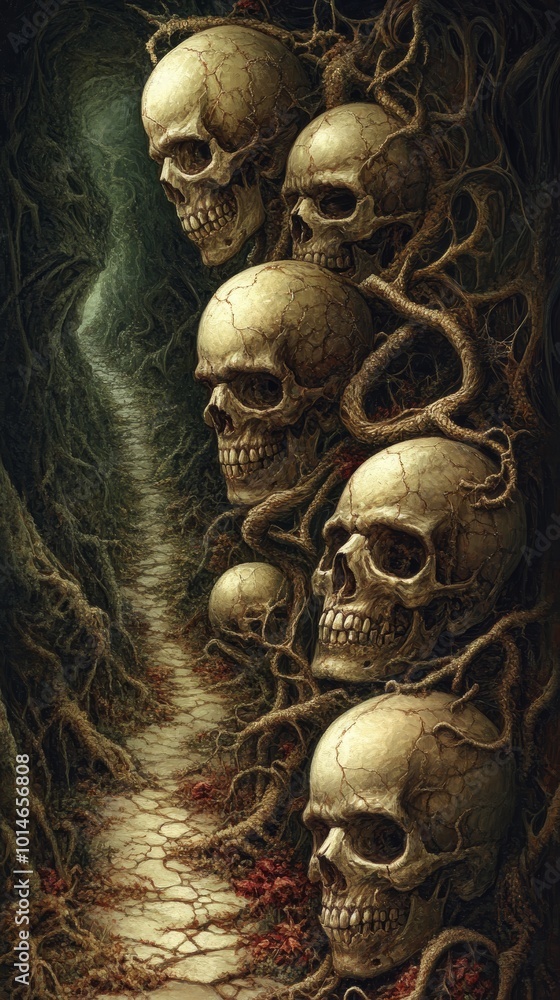 Poster surrealistic day of the dead featuring disembodied skulls and twisted paths.