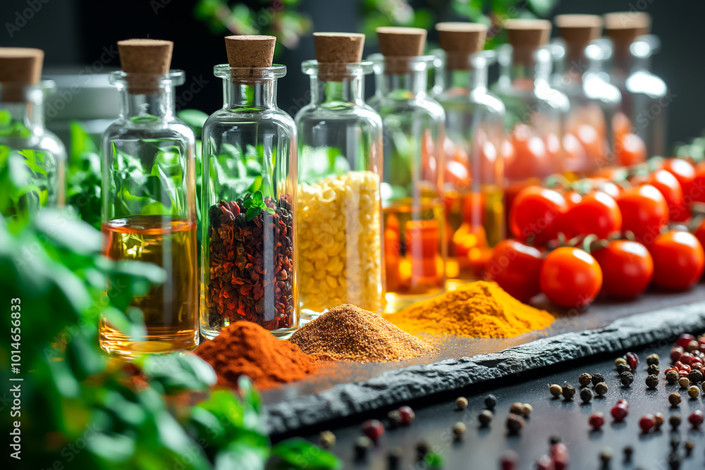Aufkleber a vibrant array of spice jars filled with various spices and oils sits alongside fresh tomatoes on a