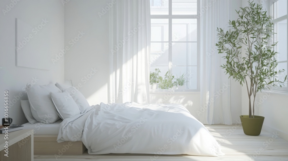 Poster a serene bedroom features a white bedspread, large windows filtering soft light, and a potted plant 
