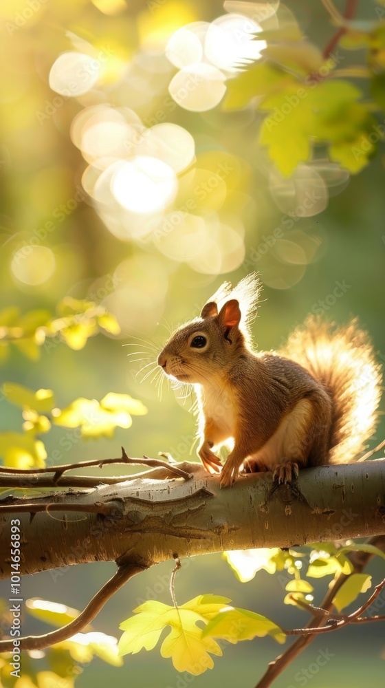 Poster a squirrel is sitting on a branch in a tree. the sun is shining on the squirrel