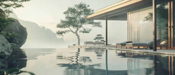 A luxurious infinity pool reflects a serene, minimalist villa with a lone tree, under a soft, misty sky—a haven of tranquility and elegance.