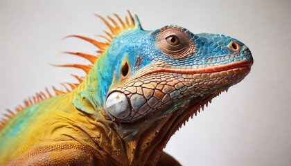 Fototapeta premium A vibrant blue and orange iguana perched against a neutral background showcasing its striking colors and features in a close-up view
