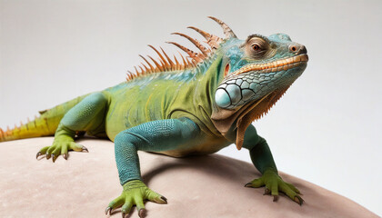 Obraz premium A vibrant iguana rests on a smooth surface, showcasing its intricate scales and striking colors in a well-lit indoor environment