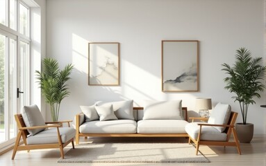 A cozy, bright living room with minimalist furniture, soft sofa, indoor plants, and a large window offering a view of nature.