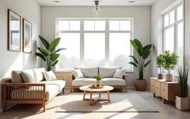 A cozy, bright living room with minimalist furniture, soft sofa, indoor plants, and a large window offering a view of nature. Natural light creates a warm atmosphere.