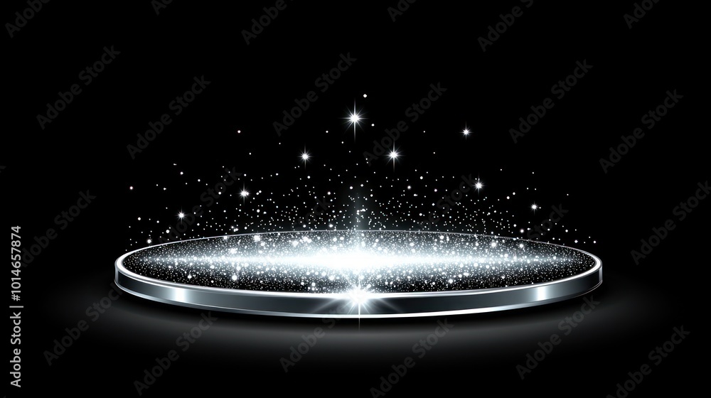 Poster sparkling stage illumination, shimmering black background with glowing scatter light points.