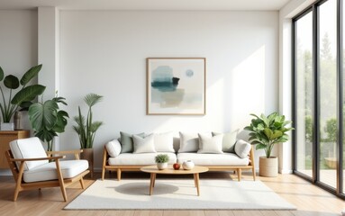 A cozy, bright living room with minimalist furniture, soft sofa, indoor plants, and a large window offering a view of nature. Natural light creates a warm atmosphere.