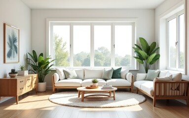 A cozy, bright living room with minimalist furniture, soft sofa, indoor plants, and a large window offering a view of nature. Natural light creates a warm atmosphere.