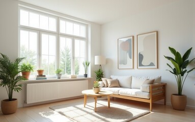 Fototapeta premium A cozy, bright living room with minimalist furniture, soft sofa, indoor plants, and a large window offering a view of nature. Natural light creates a warm atmosphere.