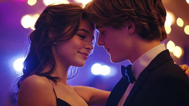 high school couple dancing on a dance floor at a high school prom