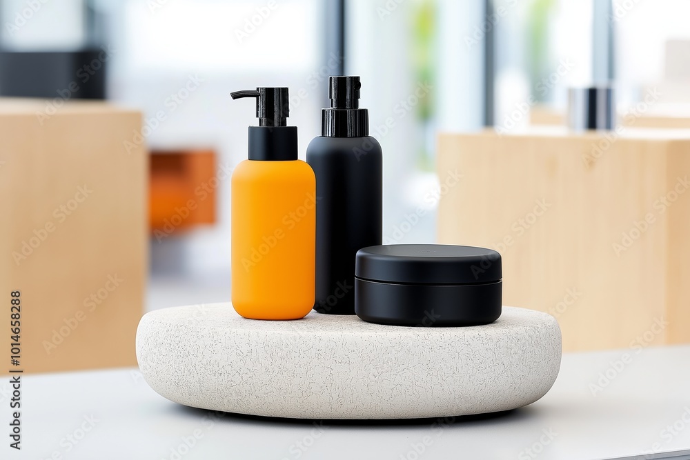 Poster White and black container with a black lid and a yellow container with a black lid. Assorted skincare products on elegant stone for display