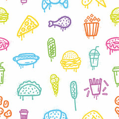 Vector pattern from a collection of fast food products, hand-drawn in graffiti style