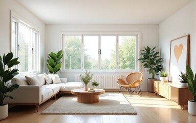 Minimalist living room with nature view. Stylish living room with panoramic windows, a modern sofa, indoor plants, and natural decor. The room is filled with light and comfort.