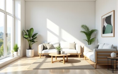 Fototapeta premium Minimalist living room with nature view. Stylish living room with panoramic windows, a modern sofa, indoor plants, and natural decor. The room is filled with light and comfort.