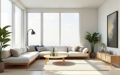Fototapeta premium Minimalist living room with nature view. Stylish living room with panoramic windows, a modern sofa, indoor plants, and natural decor. The room is filled with light and comfort.