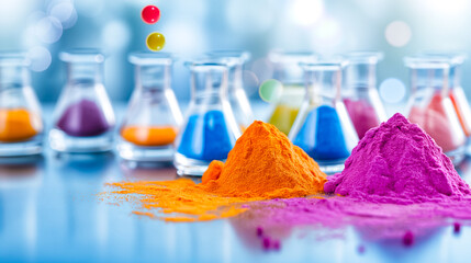 Brightly colored powders in shades of orange and pink are spread across a table, with a row of glass flasks filled with different liquids behind them, illuminated by natural light