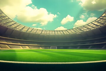 Sunlit Soccer Stadium with Green Field and Blue Sky