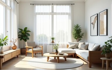 Minimalist living room with nature view. Stylish living room with panoramic windows, a modern sofa, indoor plants, and natural decor. The room is filled with light and comfort.