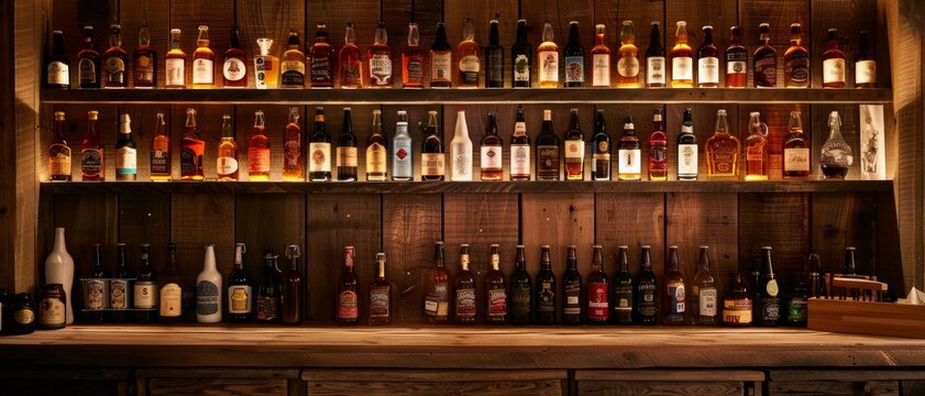 A warm, rustic bar shelf filled with various bottled drinks, each casting a soft glow, evoking a cozy, inviting atmosphere perfect for an evening retreat.