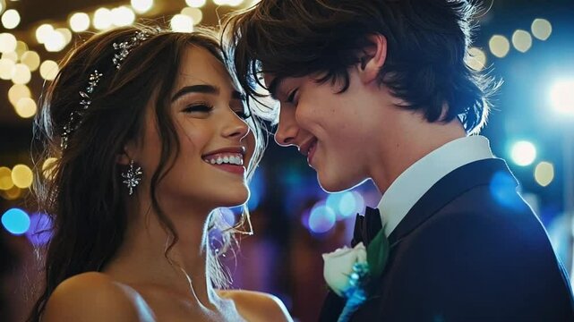 high school couple dancing on a dance floor at a high school prom