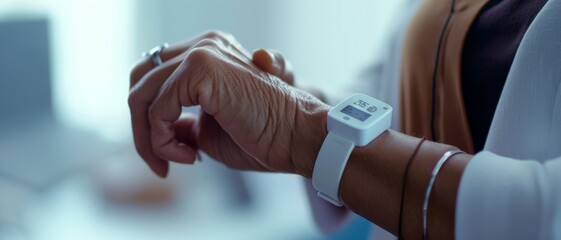 A hand adorned with jewelry checks the time on a sleek digital watch, symbolizing a blend of elegance and modern technology.