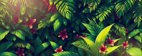 Tropical Leaves and Red Hibiscus Flowers in Lush Greenery