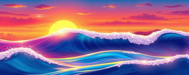 Vibrant Ocean Waves at Sunset with Palm Silhouettes