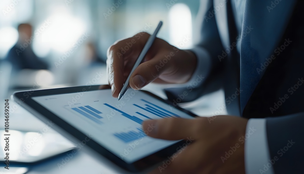 Poster close-up of a hand using a stylus on a tablet displaying a bar graph