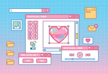 cute vaporwave ui apps computer desktop. Linear vaporwave template. Abstract retro aesthetic cute kawaii backgrounds pack 70s, 80s, 90s. Girly y2k style.