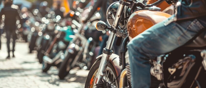 A line of gleaming motorcycles parked neatly under the sun, capturing the spirit and community of biking on a bright day.