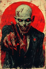 A terrifying zombie in a suit with a bloody hand outstretched, a menacing expression on his face and a red circle in the background.