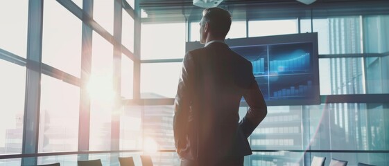 A businessman in a suit gazes out a glass-walled office at the urban skyline, thoughtfully contemplating future opportunities.