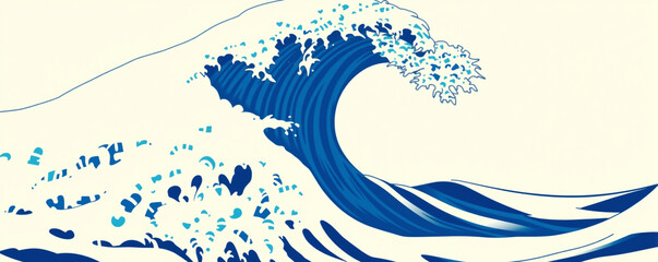 Elegant Japanese Wave Art: A powerful and dramatic illustration of a curling ocean wave in blue and white, capturing the essence of marine beauty and strength.