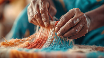 Close-up of a woman's hands working with colorful threads.