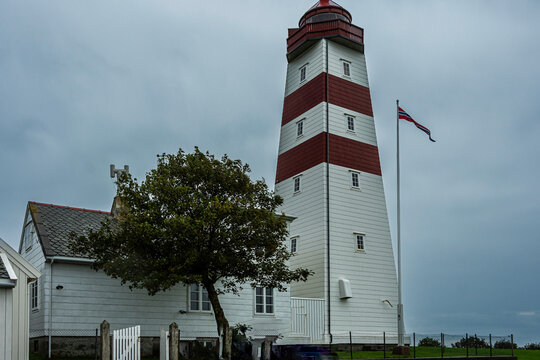 Close-up of the Alnes lighthouse located on the Norwegian island of Godoya