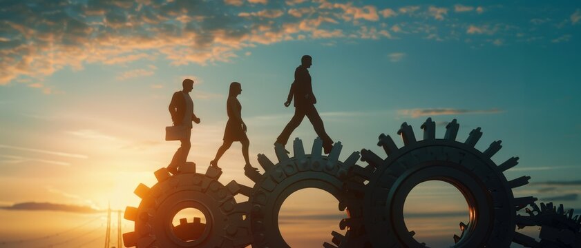 Silhouetted figures stride atop massive gears against a sunrise, symbolizing progression, teamwork, and the mechanisms of innovation in a vibrant landscape.