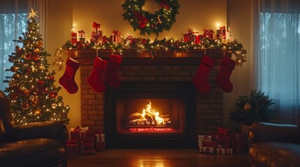 Christmas mantlepiece with christmas socks. ai generated