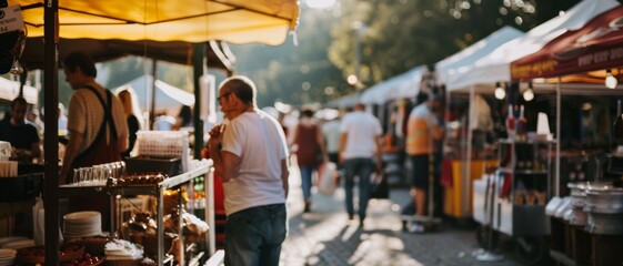 Fototapeta premium A sunlit path through a lively outdoor market, bright stalls overflow with goods as people weave through, absorbed in their pursuits.