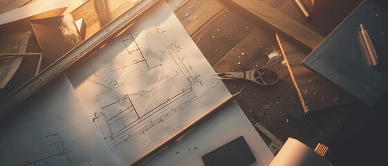 Drafting table adorned with sketches and tools, bathed in golden light, signifying the craft and dedication behind architectural creativity.
