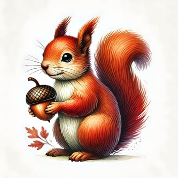 recommend clip art: A watercolor illustration of a squirrel holding an acorn. 