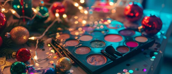 An array of makeup palettes amidst twinkling holiday lights and ornaments create a festive and glamorous atmosphere.
